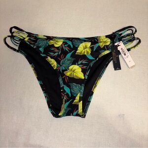 NWT Victoria's Secret Swim Strappy Black Green Leaf Bikini Bottom Size L